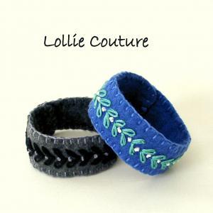Felt Bracelet Cuff Hand Embroidered Blue Wool Felt..