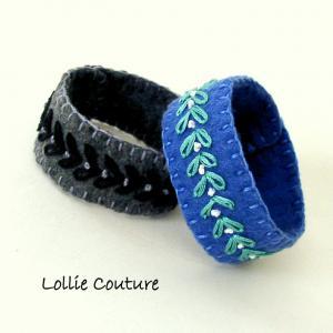Felt Bracelet Cuff Hand Embroidered Blue Wool Felt..