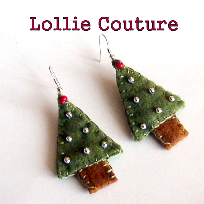 Christmas Tree Felt Earrings Holiday Winter Jewelry Green Silver Ornaments Beads Embroidery
